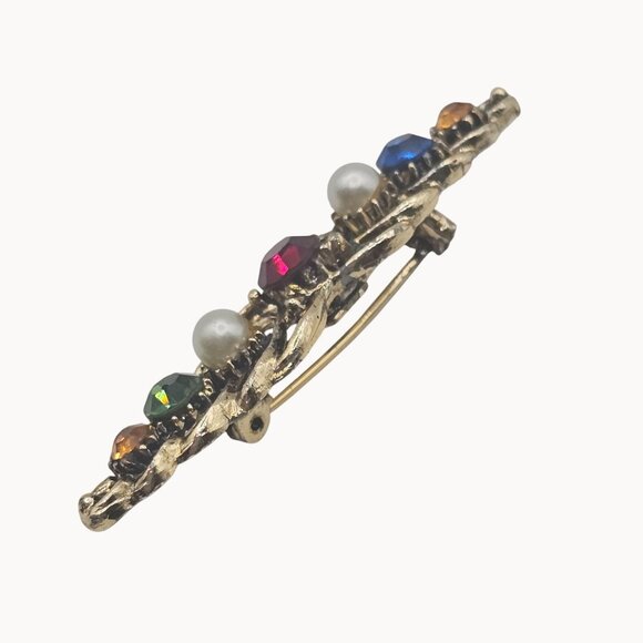 VTG Brooch Gold Tone Multicolor Rhinestone Elegant Regencycore Classy Bar Pin - Picture 7 of 11